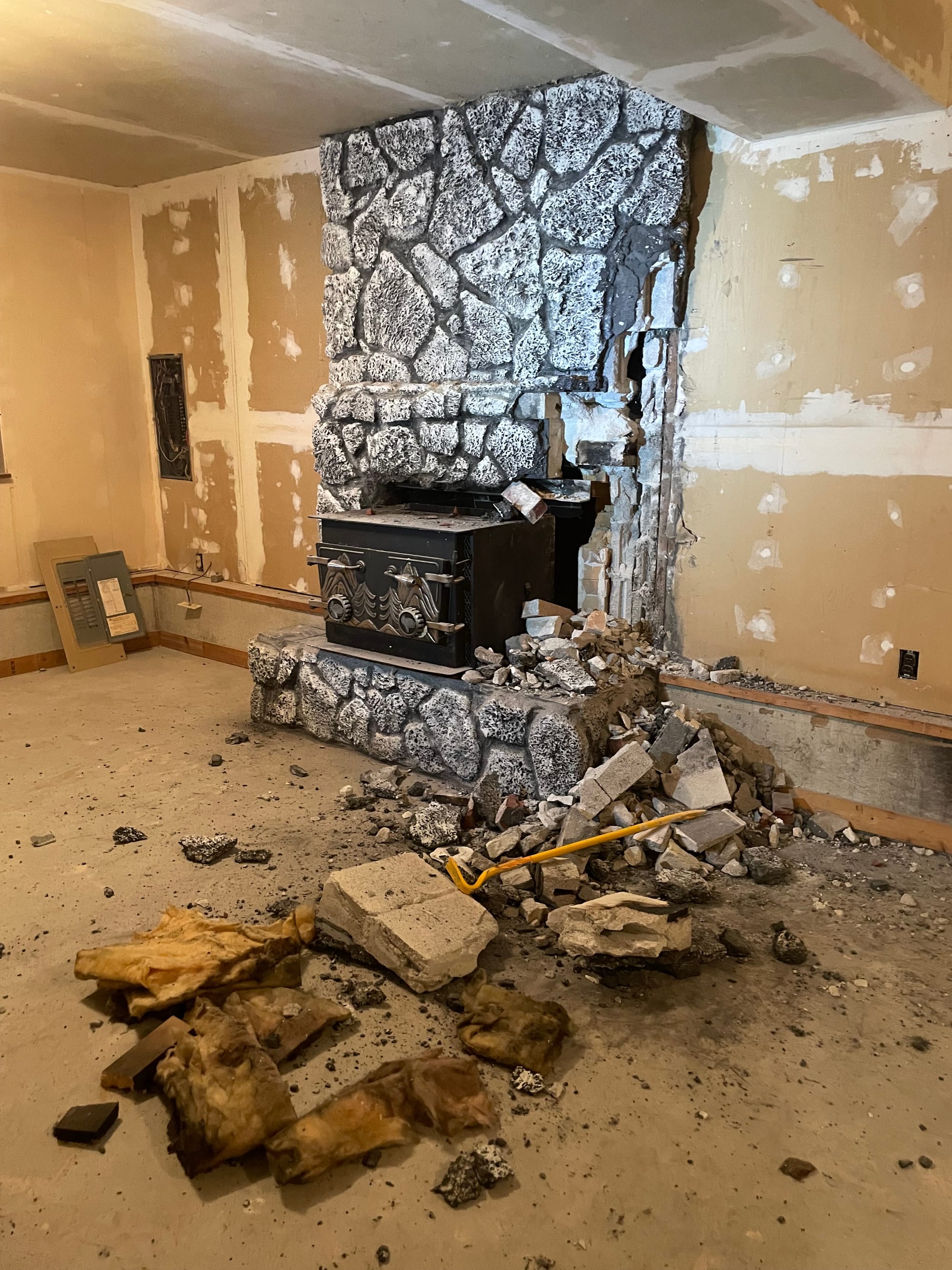 A demolished fireplace