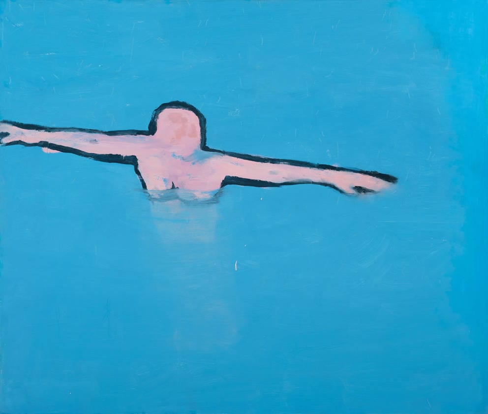 painting with blue backdrop and outline of person, crudely drawn, with pink skin and arms outstretched