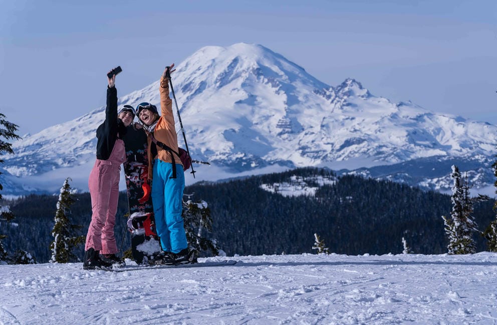 Friends taking a selfie in front of a mountain