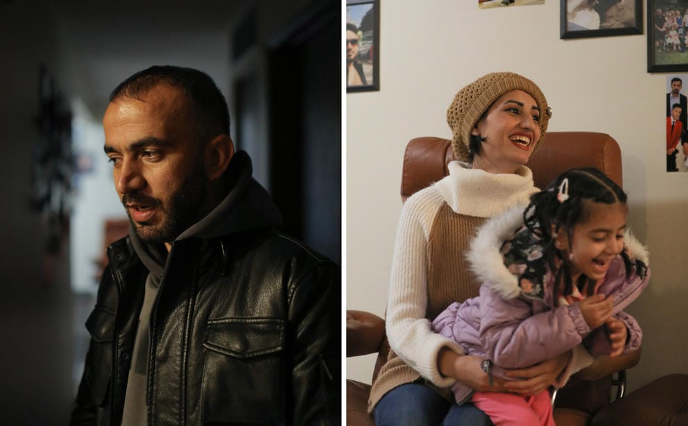 At left: a portrait of Reshad Al Noori. At right: Fatima Al Noori laughs with her daughter Maryan on her lap.