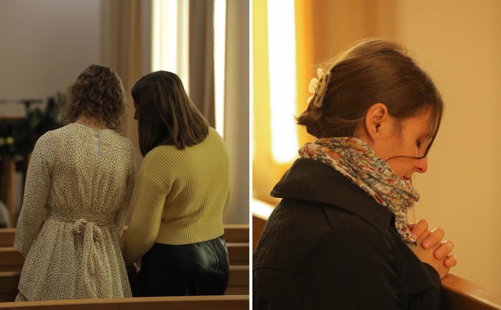 At left: Mia Bukovstov and a friend are seen from behind leaning together in church. At right: A close up of Karyna Bukovstov praying.