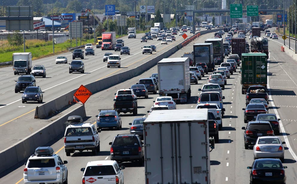 photo, truck and automobile traffic mix on Interstate 5