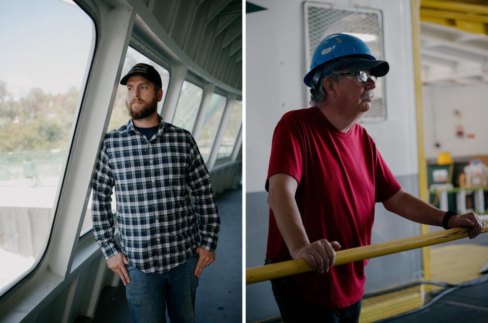 Two portraits of men, one in a plaid short and another in a red shirt.