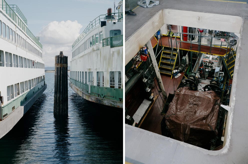 On the left a picture of two ferry boats side by side and on the right a picture of the engine room as seen from the a cut out on the boats deck.