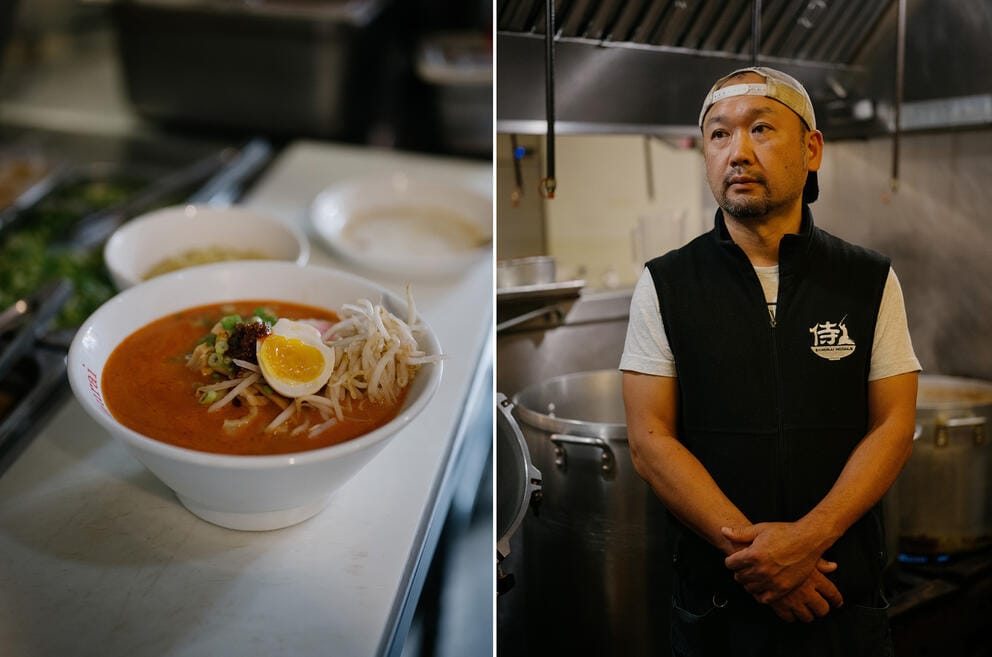 Left: A bowl of ramen ready for serving at Samurai Noodle. Right: Ryo Izawa, owner of Samurai Noodle