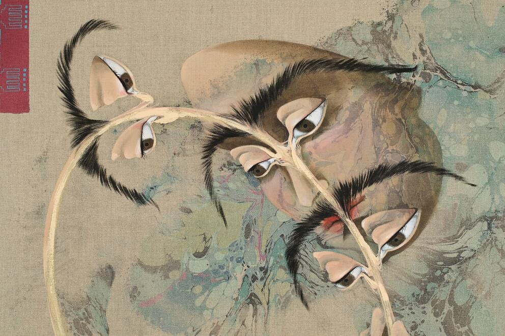 surreal painting of a plant stem that has sprouted eyes and long eyebrows