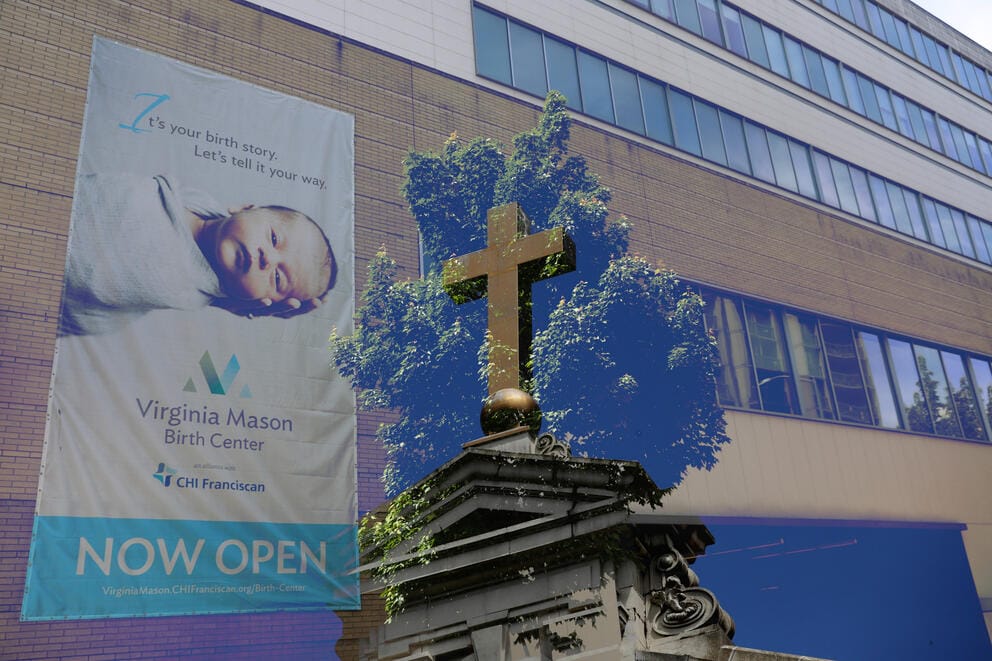 multiple exposure of Virginia Mason and St. James Cathedral