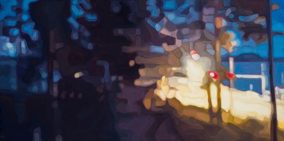 a watery abstract oil painting in blues and blacks with a splash of gold light
