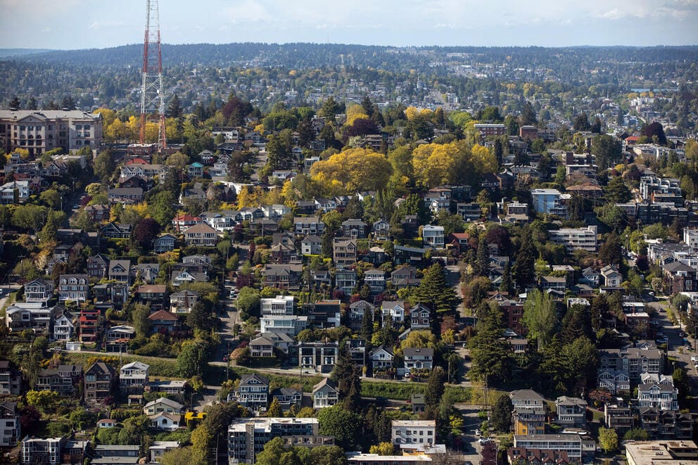 An ariel view of houses in Seattle's Queen Anne neighborhood.