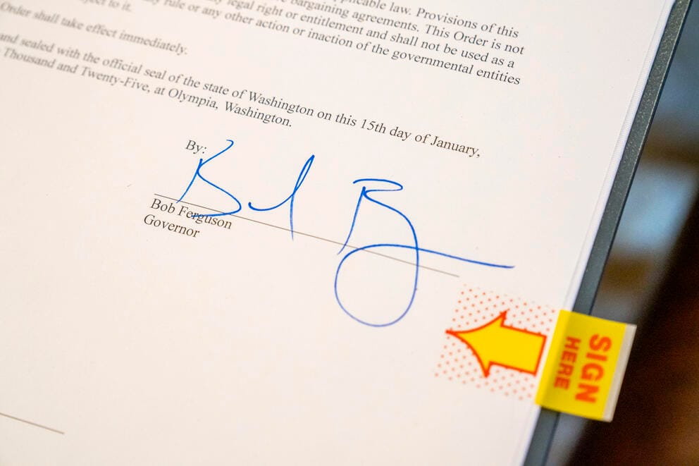 Bob Ferguson's signature is visible on a document dated Jan. 15, 2025