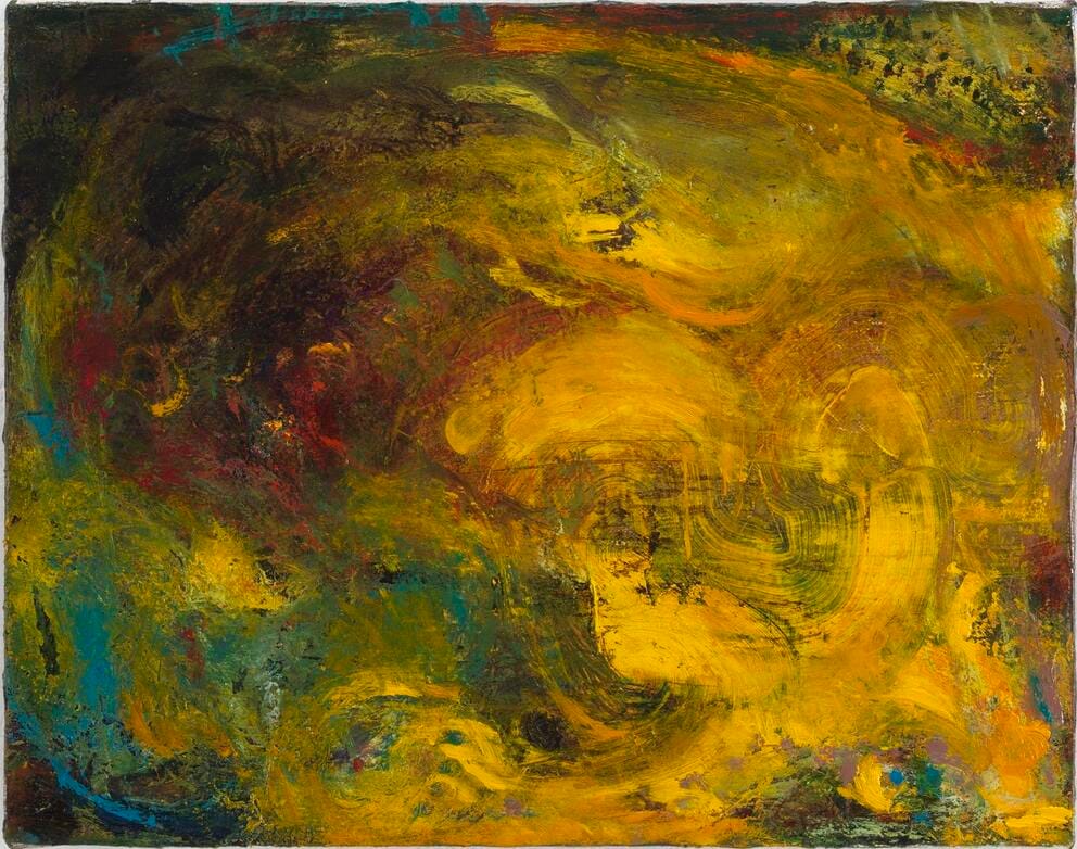 abstract oil painting with swirls of dark yellow and moody green
